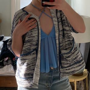 casual zara children’s knit button up shrug, blue and white, size small